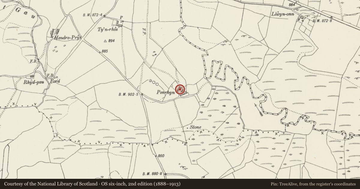 Ordnance Survey six-inch map, 2nd edition (1888–1913) covering the location of Former farmhouse at Penrhyn, Pentrefoelas, Conwy, with a pin at the register's coordinates