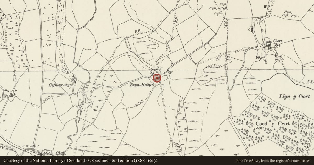 Ordnance Survey six-inch map, 2nd edition (1888–1913) covering the location of Stable Building at Bryn-heilyn, Pentrefoelas, Conwy, with a pin at the register's coordinates