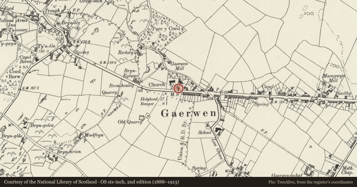 Ordnance Survey six-inch map, 2nd edition (1888–1913) covering the location of Telford Milestone (17), Llanfihangel Ysgeifiog, Isle of Anglesey, with a pin at the register's coordinates