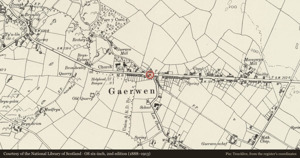 Ordnance Survey six-inch map, 2nd edition (1888–1913) covering the location of War Memorial, Llanfihangel Ysgeifiog, Isle of Anglesey, with a pin at the register's coordinates