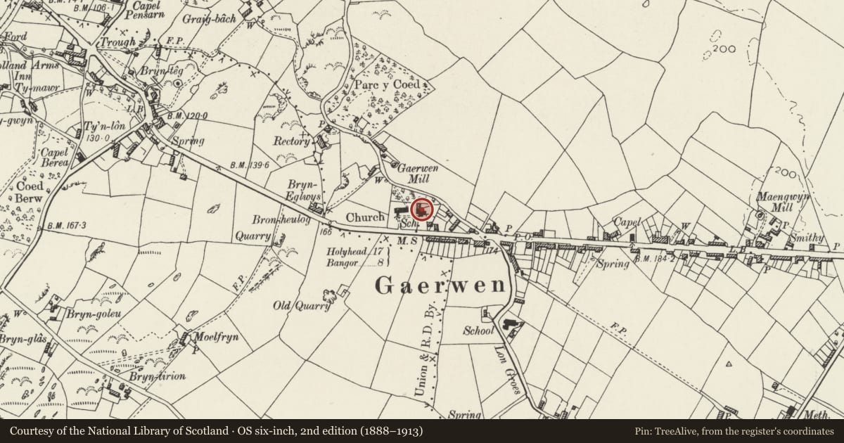 Ordnance Survey six-inch map, 2nd edition (1888–1913) covering the location of School rooms adjacent to the Church of St Michael, Llanfihangel Ysgeifiog, Isle of Anglesey, with a pin at the register's coordinates