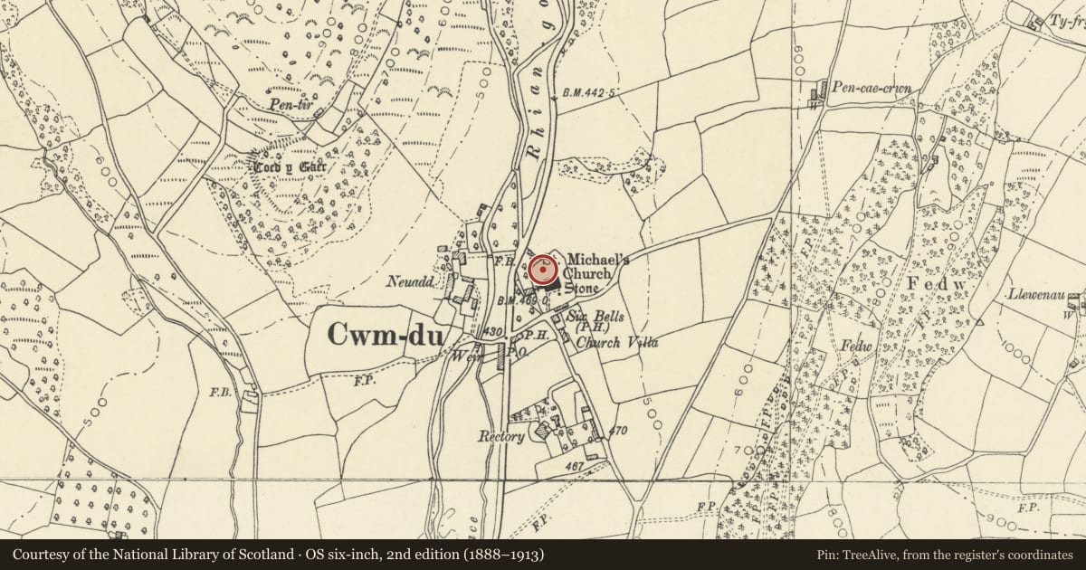 Ordnance Survey six-inch map, 2nd edition (1888–1913) covering the location of Tomb of Thomas Price in church yard at St Michael Cwmdu, Llanfihangel Cwmdu with Bwlch and Cathedine, Powys, with a pin at the register's coordinates