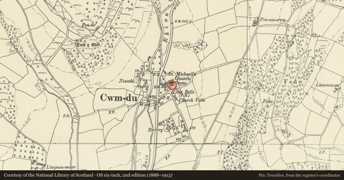 Ordnance Survey six-inch map, 2nd edition (1888–1913) covering the location of Base of cross shaft in church yard at Church of St Michael, Llanfihangel Cwmdu with Bwlch and Cathedine, Powys, with a pin at the register's coordinates
