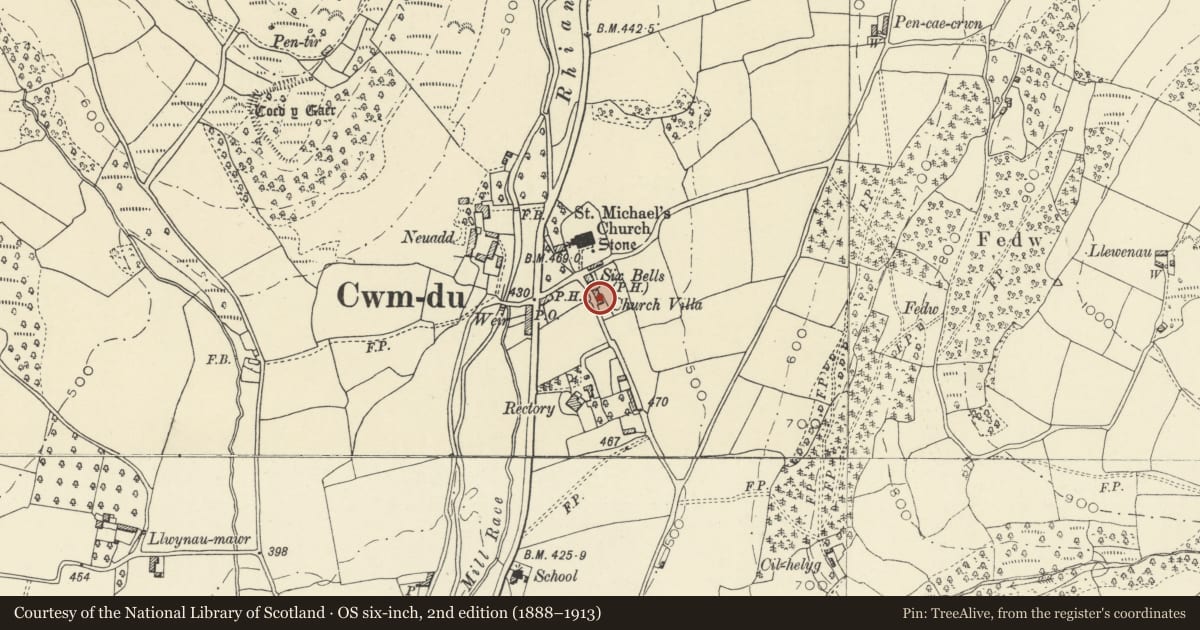 Ordnance Survey six-inch map, 2nd edition (1888–1913) covering the location of Church Villa, Llanfihangel Cwmdu with Bwlch and Cathedine, Powys, with a pin at the register's coordinates