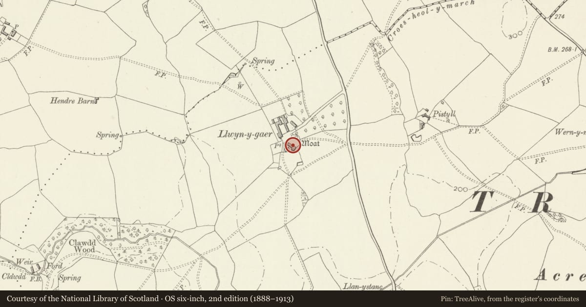 Ordnance Survey six-inch map, 2nd edition (1888–1913) covering the location of Llwyn-y-gaer House, Mitchel Troy, Monmouthshire, with a pin at the register's coordinates