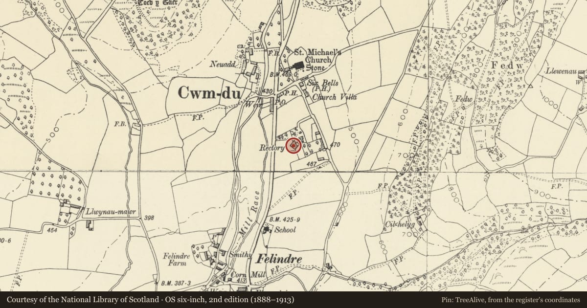 Ordnance Survey six-inch map, 2nd edition (1888–1913) covering the location of The Old Rectory, Llanfihangel Cwmdu with Bwlch and Cathedine, Powys, with a pin at the register's coordinates