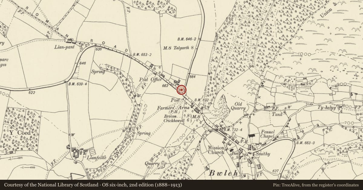 Ordnance Survey six-inch map, 2nd edition (1888–1913) covering the location of War Memorial, Llanfihangel Cwmdu with Bwlch and Cathedine, Powys, with a pin at the register's coordinates