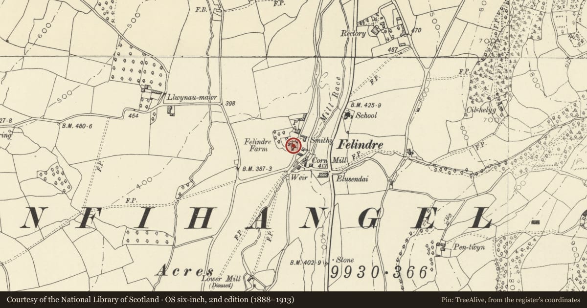 Ordnance Survey six-inch map, 2nd edition (1888–1913) covering the location of Barn at Cartref, Llanfihangel Cwmdu with Bwlch and Cathedine, Powys, with a pin at the register's coordinates