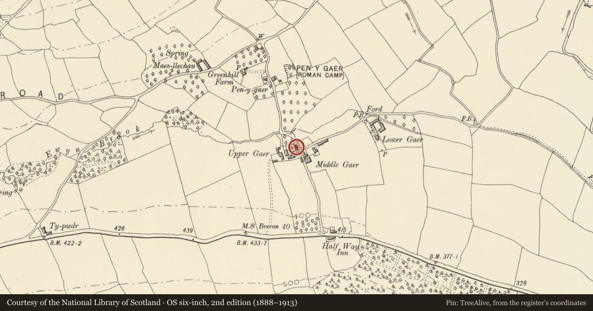 Ordnance Survey six-inch map, 2nd edition (1888–1913) covering the location of Stable and Cart Shed at Middle Gaer, Llanfihangel Cwmdu with Bwlch and Cathedine, Powys, with a pin at the register's coordinates
