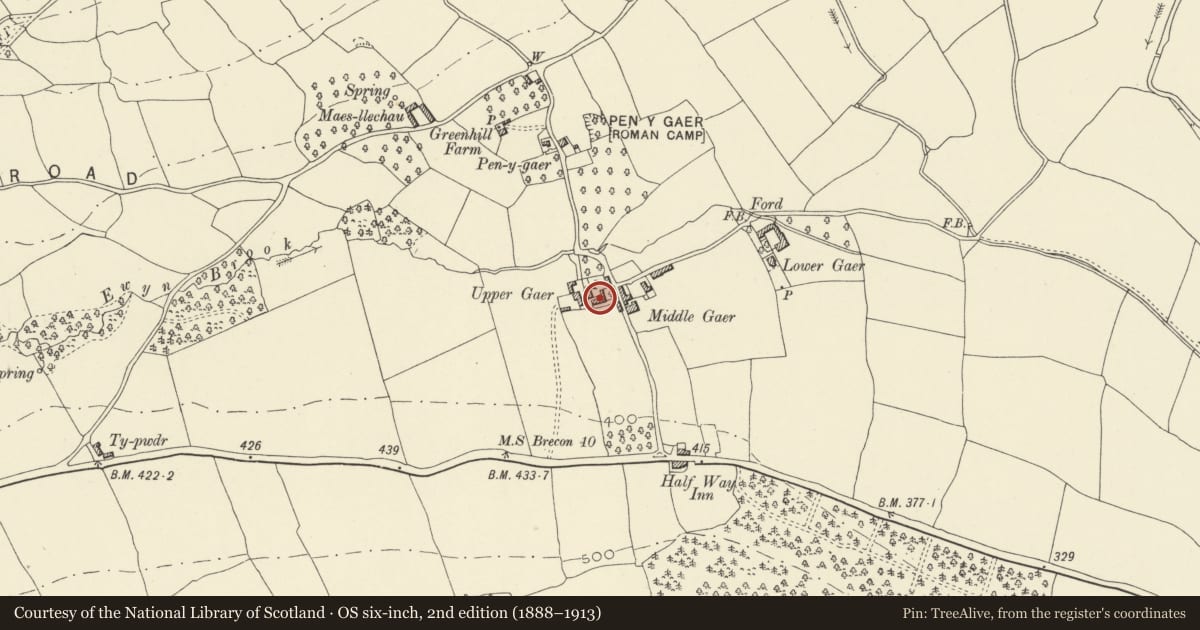 Ordnance Survey six-inch map, 2nd edition (1888–1913) covering the location of Upper Gaer, Llanfihangel Cwmdu with Bwlch and Cathedine, Powys, with a pin at the register's coordinates