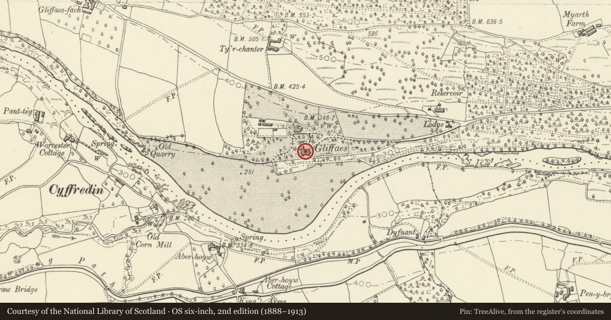 Ordnance Survey six-inch map, 2nd edition (1888–1913) covering the location of Gliffaes, Llanfihangel Cwmdu with Bwlch and Cathedine, Powys, with a pin at the register's coordinates