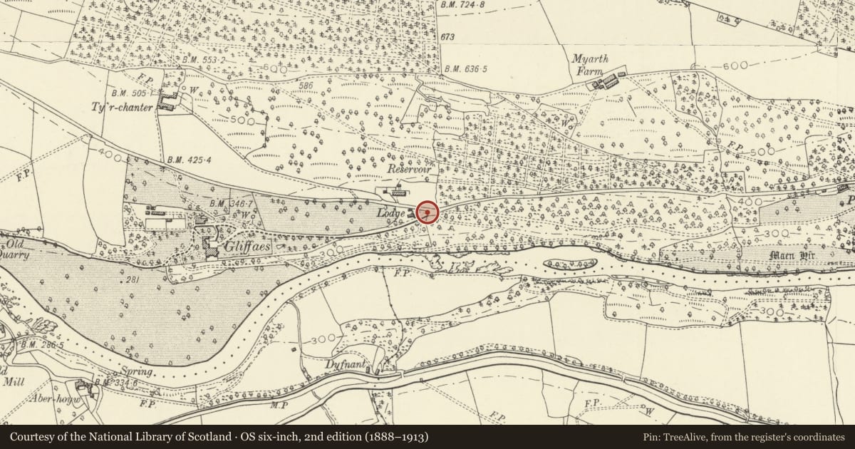 Ordnance Survey six-inch map, 2nd edition (1888–1913) covering the location of Gates and gatepiers at entrance to Gliffaes, Llanfihangel Cwmdu with Bwlch and Cathedine, Powys, with a pin at the register's coordinates