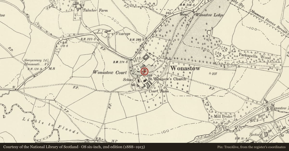 Ordnance Survey six-inch map, 2nd edition (1888–1913) covering the location of Wonastow Court, Mitchel Troy, Monmouthshire, with a pin at the register's coordinates