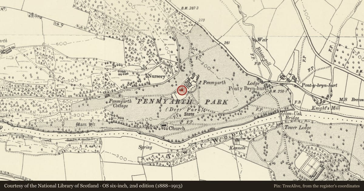 Ordnance Survey six-inch map, 2nd edition (1888–1913) covering the location of Former Barn at Penmyarth, Llanfihangel Cwmdu with Bwlch and Cathedine, Powys, with a pin at the register's coordinates