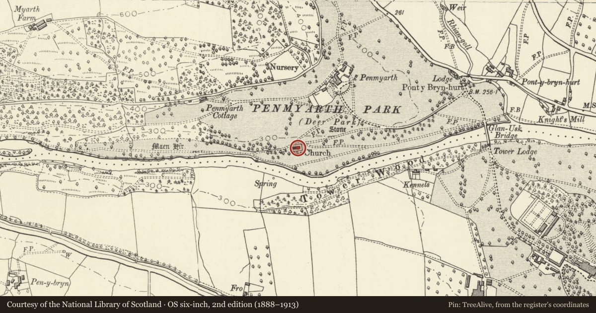 Ordnance Survey six-inch map, 2nd edition (1888–1913) covering the location of Penmyarth Park Chapel, Llanfihangel Cwmdu with Bwlch and Cathedine, Powys, with a pin at the register's coordinates