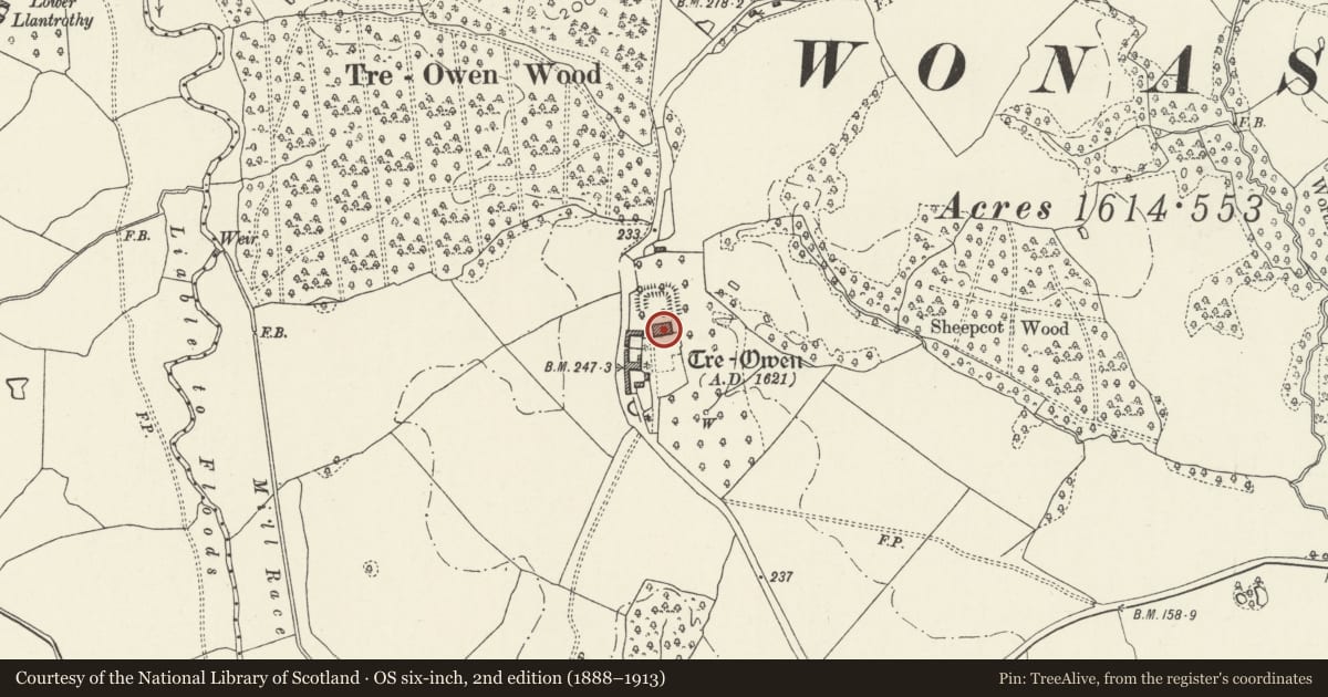 Ordnance Survey six-inch map, 2nd edition (1888–1913) covering the location of Tre-Owen, Mitchel Troy, Monmouthshire, with a pin at the register's coordinates