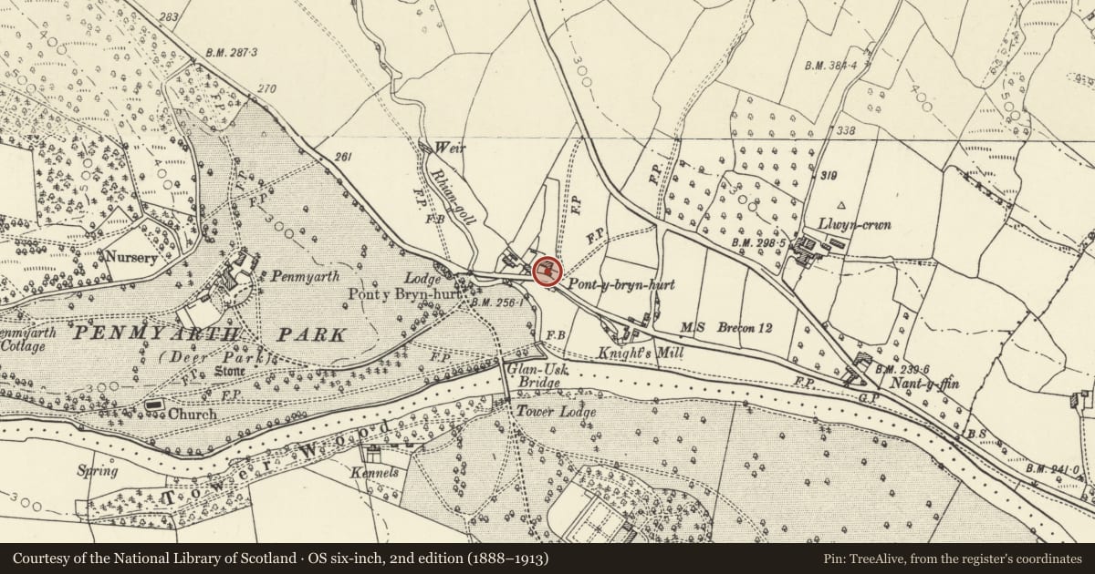 Ordnance Survey six-inch map, 2nd edition (1888–1913) covering the location of 5 Pont-y-bryn-hurt and former Wash House, Llanfihangel Cwmdu with Bwlch and Cathedine, Powys, with a pin at the register's coordinates