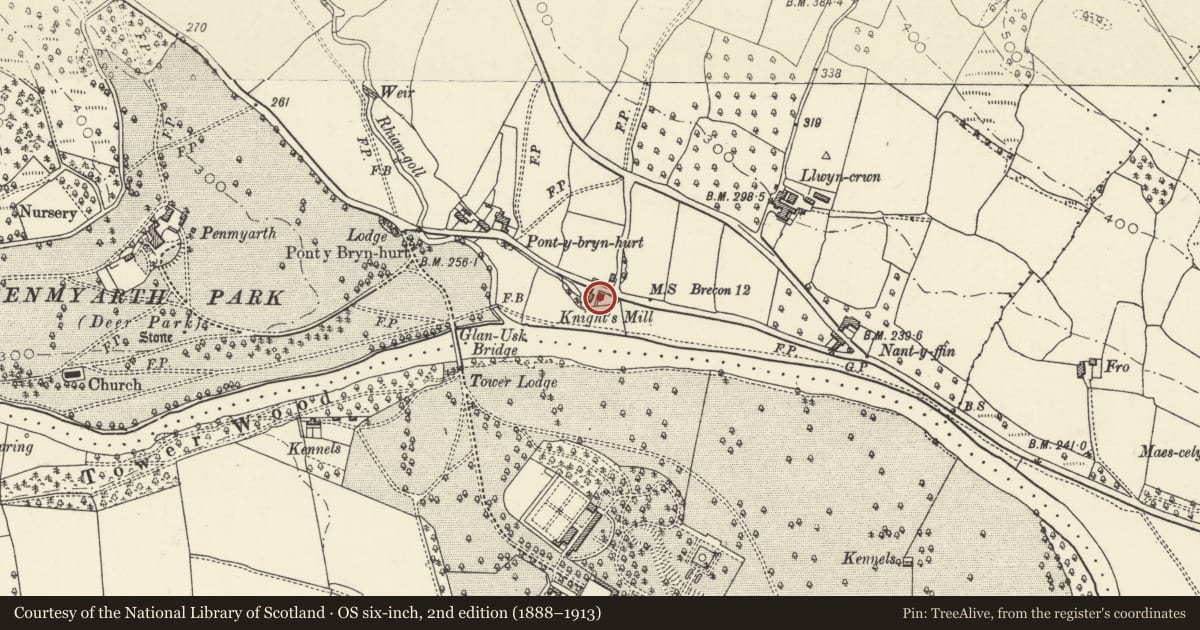Ordnance Survey six-inch map, 2nd edition (1888–1913) covering the location of Knight's Mill, Llanfihangel Cwmdu with Bwlch and Cathedine, Powys, with a pin at the register's coordinates