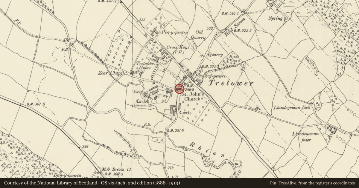 Ordnance Survey six-inch map, 2nd edition (1888–1913) covering the location of Church of St John the Evangelist, Llanfihangel Cwmdu with Bwlch and Cathedine, Powys, with a pin at the register's coordinates
