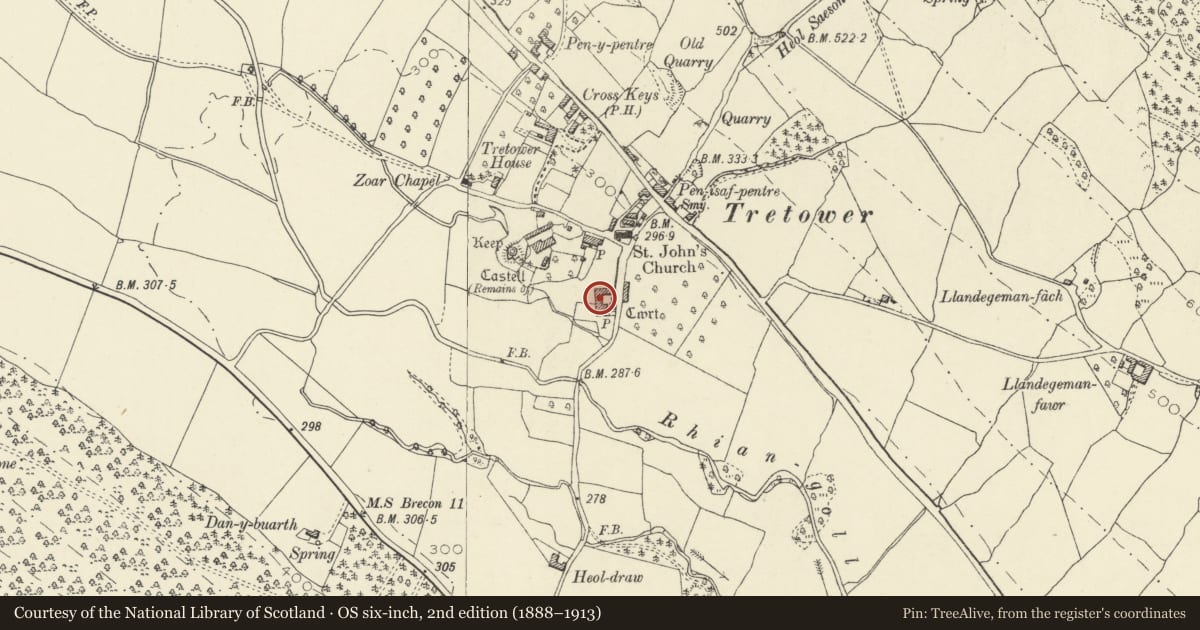 Ordnance Survey six-inch map, 2nd edition (1888–1913) covering the location of Tretower Court, Llanfihangel Cwmdu with Bwlch and Cathedine, Powys, with a pin at the register's coordinates