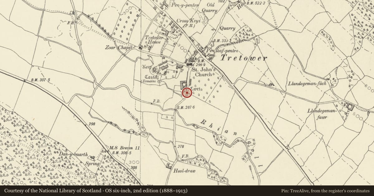 Ordnance Survey six-inch map, 2nd edition (1888–1913) covering the location of Boundary Wall SE of Tretower Court, Llanfihangel Cwmdu with Bwlch and Cathedine, Powys, with a pin at the register's coordinates