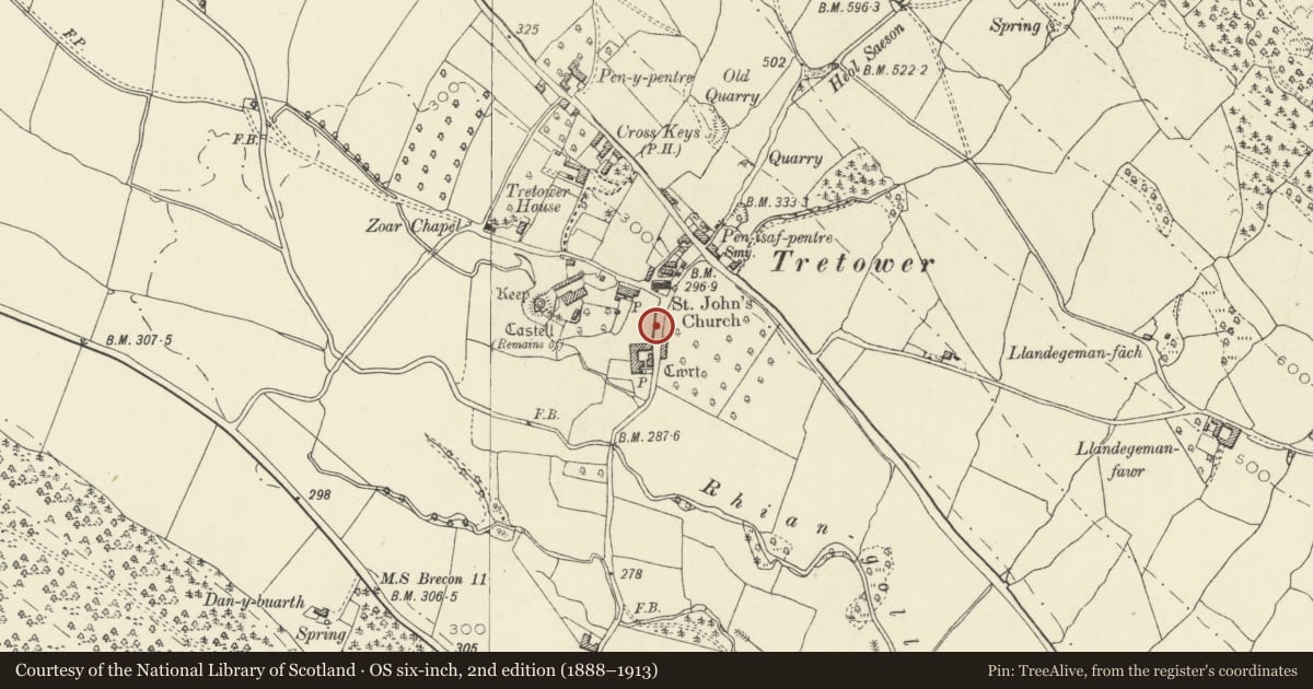 Ordnance Survey six-inch map, 2nd edition (1888–1913) covering the location of Wall N of Tretower Court, Llanfihangel Cwmdu with Bwlch and Cathedine, Powys, with a pin at the register's coordinates
