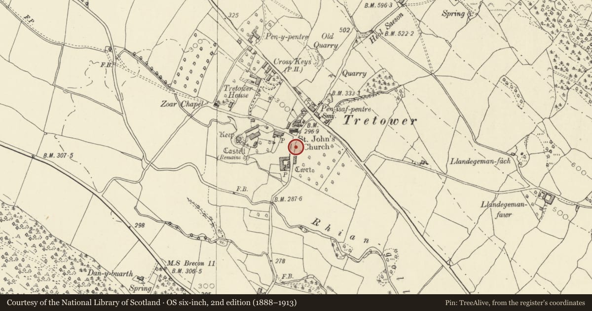 Ordnance Survey six-inch map, 2nd edition (1888–1913) covering the location of Wall N of Tretower Court Barn, Llanfihangel Cwmdu with Bwlch and Cathedine, Powys, with a pin at the register's coordinates