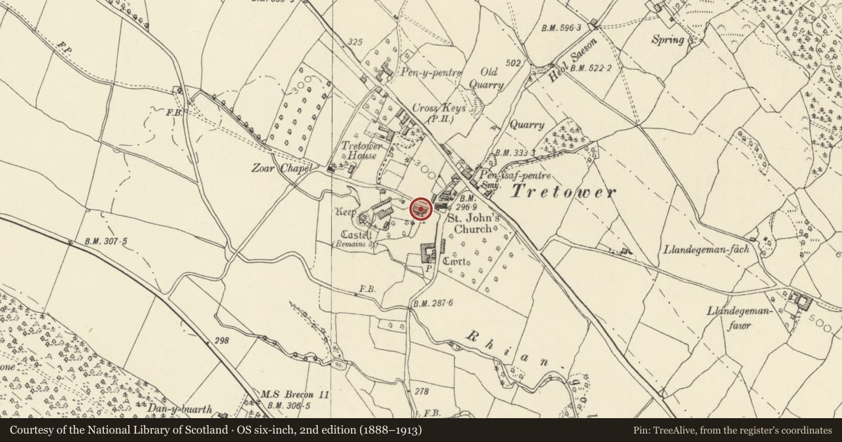 Ordnance Survey six-inch map, 2nd edition (1888–1913) covering the location of Ty Llys, Llanfihangel Cwmdu with Bwlch and Cathedine, Powys, with a pin at the register's coordinates