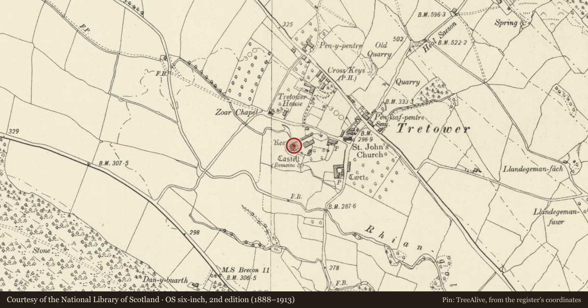 Ordnance Survey six-inch map, 2nd edition (1888–1913) covering the location of Tretower Castle, Llanfihangel Cwmdu with Bwlch and Cathedine, Powys, with a pin at the register's coordinates