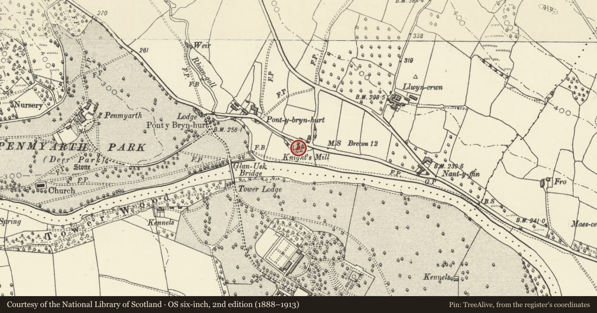Ordnance Survey six-inch map, 2nd edition (1888–1913) covering the location of Former mill at Knight's Mill, Llanfihangel Cwmdu with Bwlch and Cathedine, Powys, with a pin at the register's coordinates