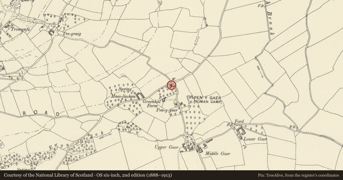 Ordnance Survey six-inch map, 2nd edition (1888–1913) covering the location of Barn at Greenhill Farm, Llanfihangel Cwmdu with Bwlch and Cathedine, Powys, with a pin at the register's coordinates
