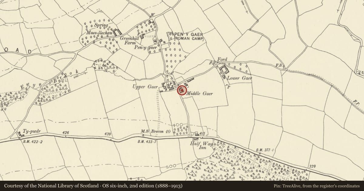 Ordnance Survey six-inch map, 2nd edition (1888–1913) covering the location of Barn at Middle Gaer, Llanfihangel Cwmdu with Bwlch and Cathedine, Powys, with a pin at the register's coordinates