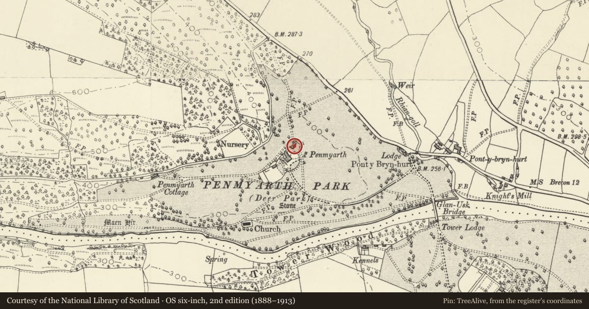Ordnance Survey six-inch map, 2nd edition (1888–1913) covering the location of Stable and Carriage House at Penmyarth, Llanfihangel Cwmdu with Bwlch and Cathedine, Powys, with a pin at the register's coordinates