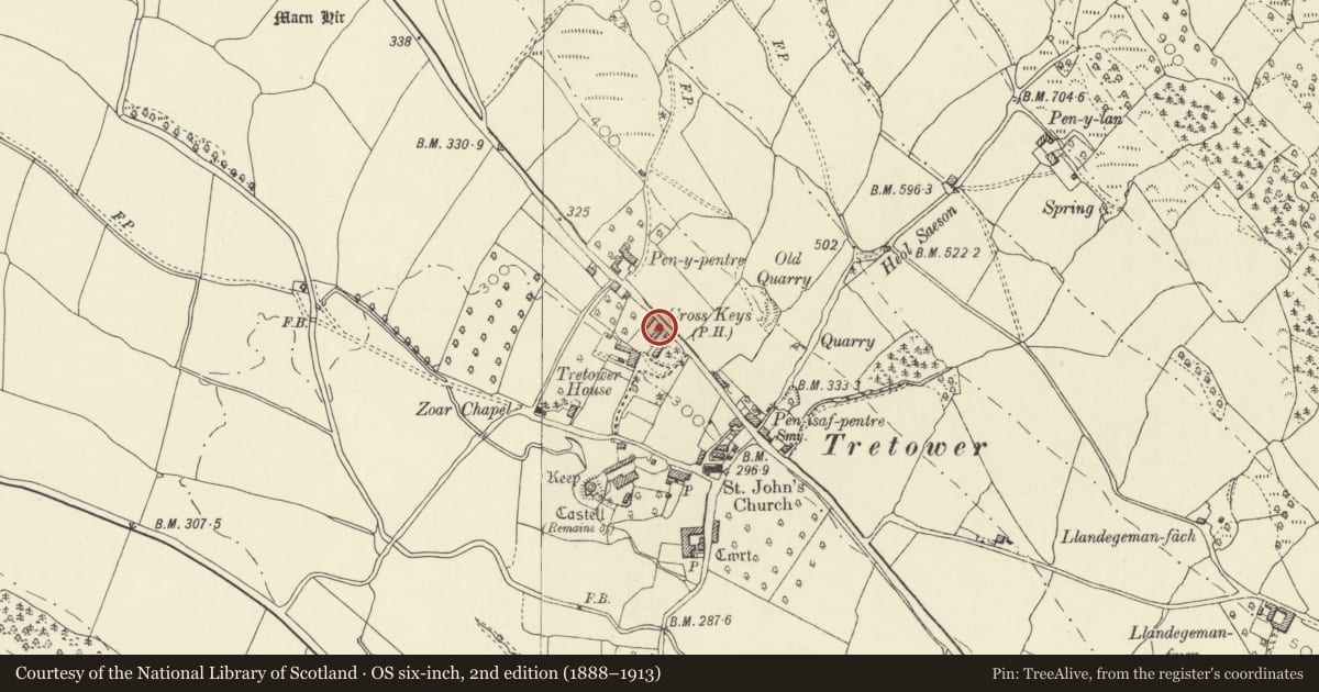 Ordnance Survey six-inch map, 2nd edition (1888–1913) covering the location of 2 The Old Inn, Llanfihangel Cwmdu with Bwlch and Cathedine, Powys, with a pin at the register's coordinates