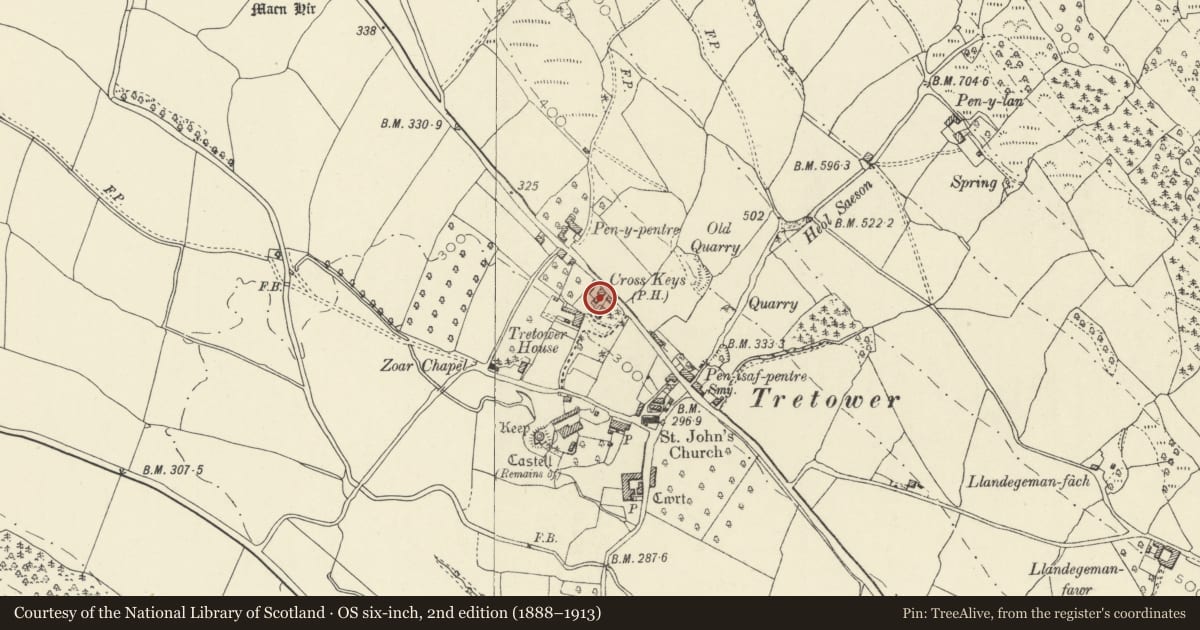 Ordnance Survey six-inch map, 2nd edition (1888–1913) covering the location of 3 The Old Inn, Llanfihangel Cwmdu with Bwlch and Cathedine, Powys, with a pin at the register's coordinates