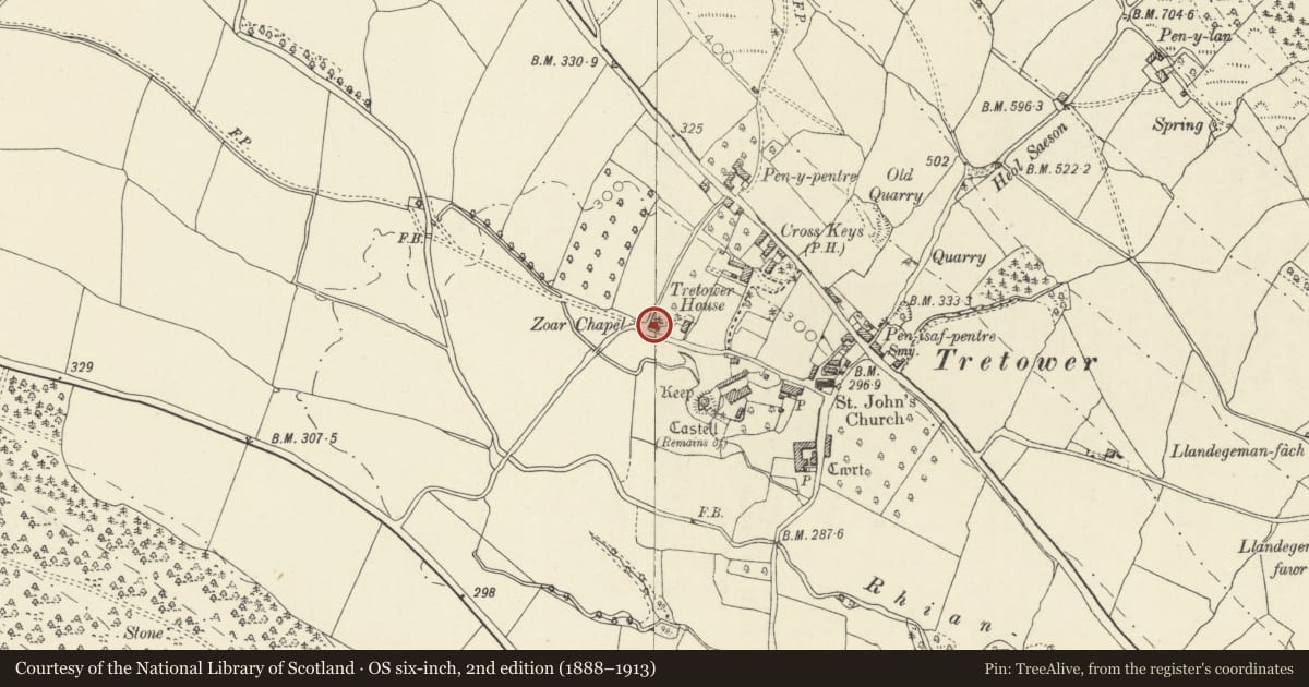 Ordnance Survey six-inch map, 2nd edition (1888–1913) covering the location of Zoar Chapel, Llanfihangel Cwmdu with Bwlch and Cathedine, Powys, with a pin at the register's coordinates