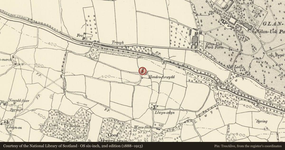 Ordnance Survey six-inch map, 2nd edition (1888–1913) covering the location of Hendreforwydd, Llangattock, Powys, with a pin at the register's coordinates