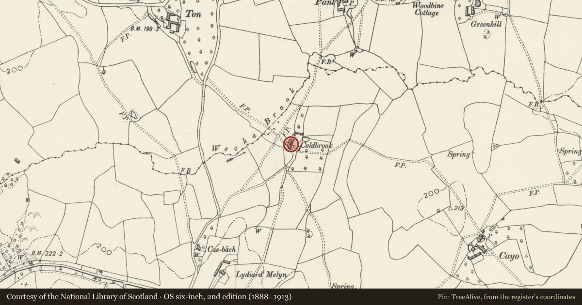 Ordnance Survey six-inch map, 2nd edition (1888–1913) covering the location of Coldbrook Farmhouse including attached barns, Raglan, Monmouthshire, with a pin at the register's coordinates