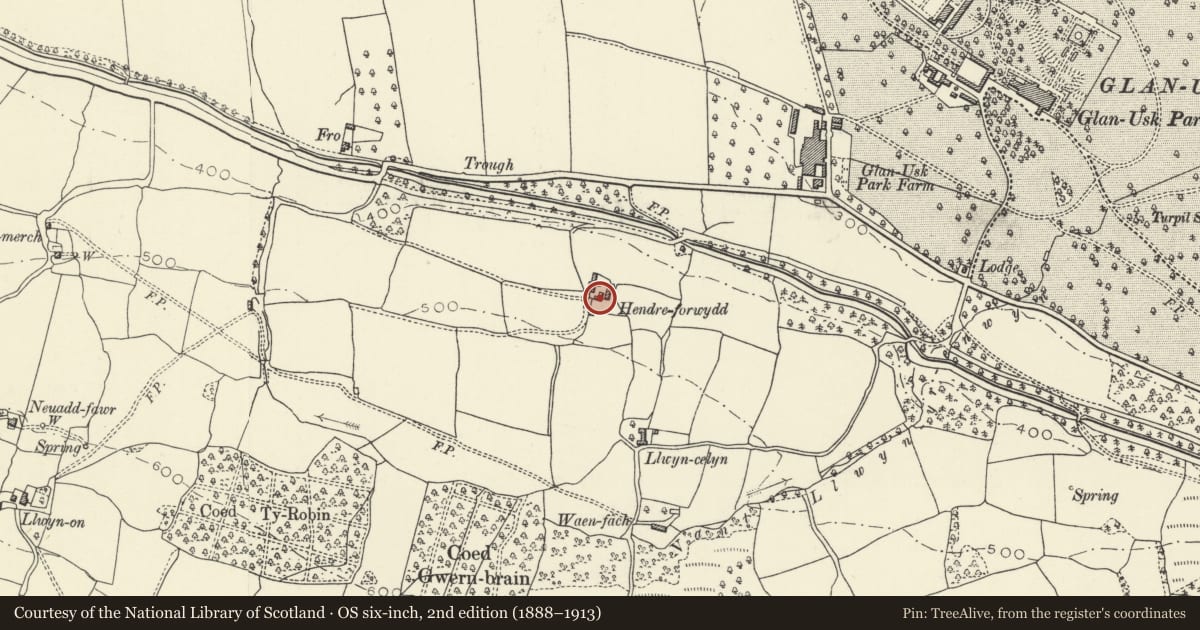 Ordnance Survey six-inch map, 2nd edition (1888–1913) covering the location of Barn at Hendreforwydd, Llangattock, Powys, with a pin at the register's coordinates