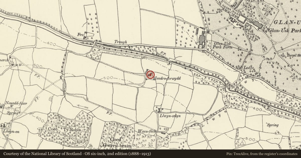 Ordnance Survey six-inch map, 2nd edition (1888–1913) covering the location of Cow-house and stable at Hendreforwydd, Llangattock, Powys, with a pin at the register's coordinates