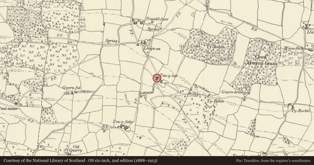 Ordnance Survey six-inch map, 2nd edition (1888–1913) covering the location of Bank-Barn at Tan-y-lan, Llangattock, Powys, with a pin at the register's coordinates