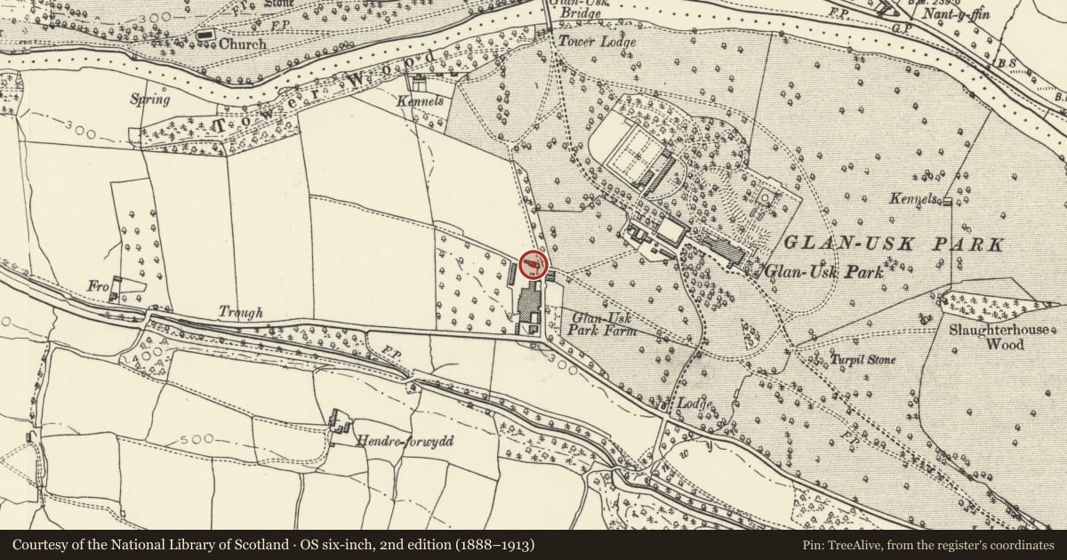 Ordnance Survey six-inch map, 2nd edition (1888–1913) covering the location of Home Farm, Llangattock, Powys, with a pin at the register's coordinates