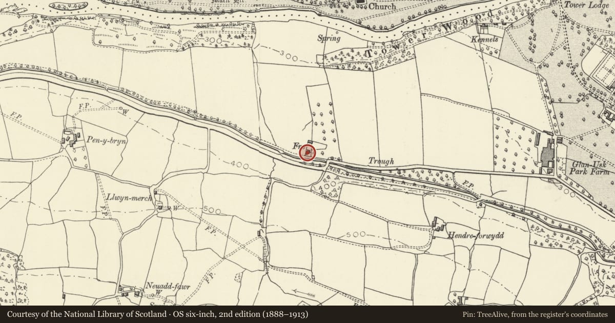 Ordnance Survey six-inch map, 2nd edition (1888–1913) covering the location of Fro, Llangattock, Powys, with a pin at the register's coordinates