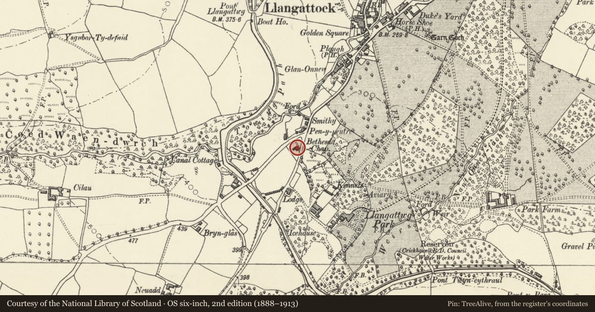 Ordnance Survey six-inch map, 2nd edition (1888–1913) covering the location of Bethesda Chapel, Llangattock, Powys, with a pin at the register's coordinates