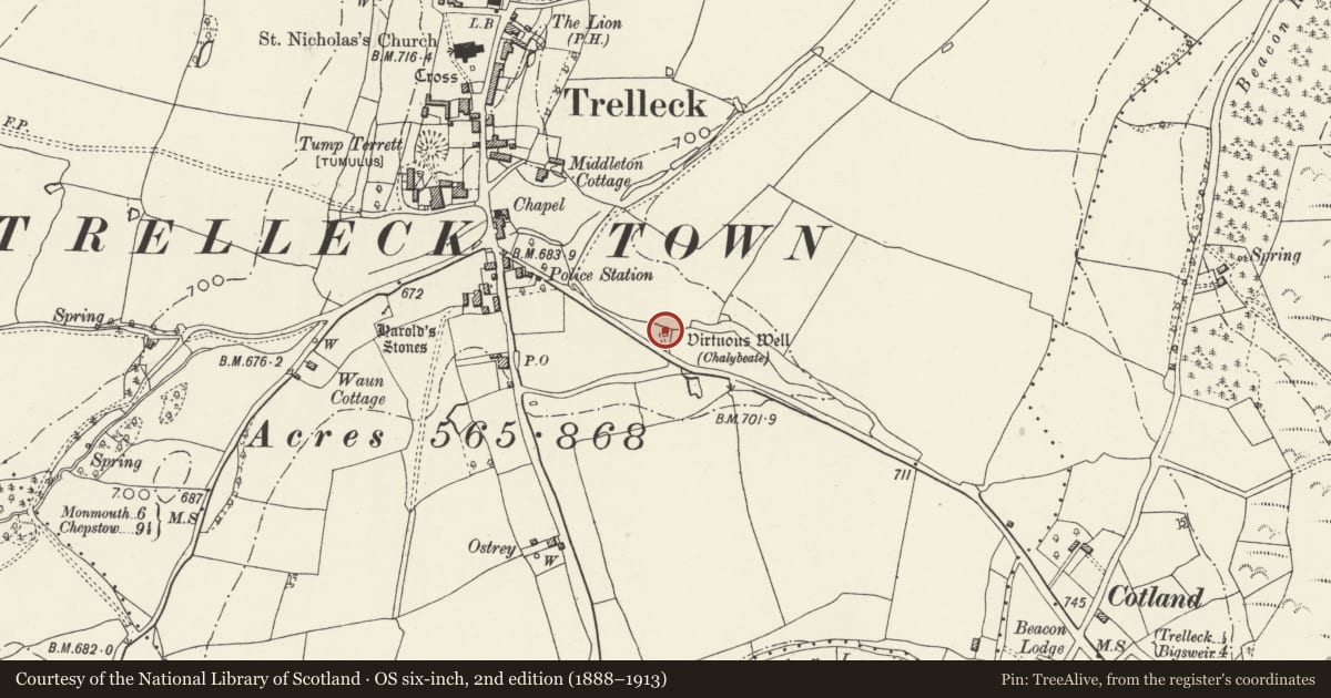 Ordnance Survey six-inch map, 2nd edition (1888–1913) covering the location of The Virtuous Well, Trellech United, Monmouthshire, with a pin at the register's coordinates