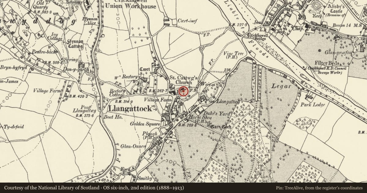 Ordnance Survey six-inch map, 2nd edition (1888–1913) covering the location of Churchyard Cross Base at Church of St Cattwg, Llangattock, Powys, with a pin at the register's coordinates