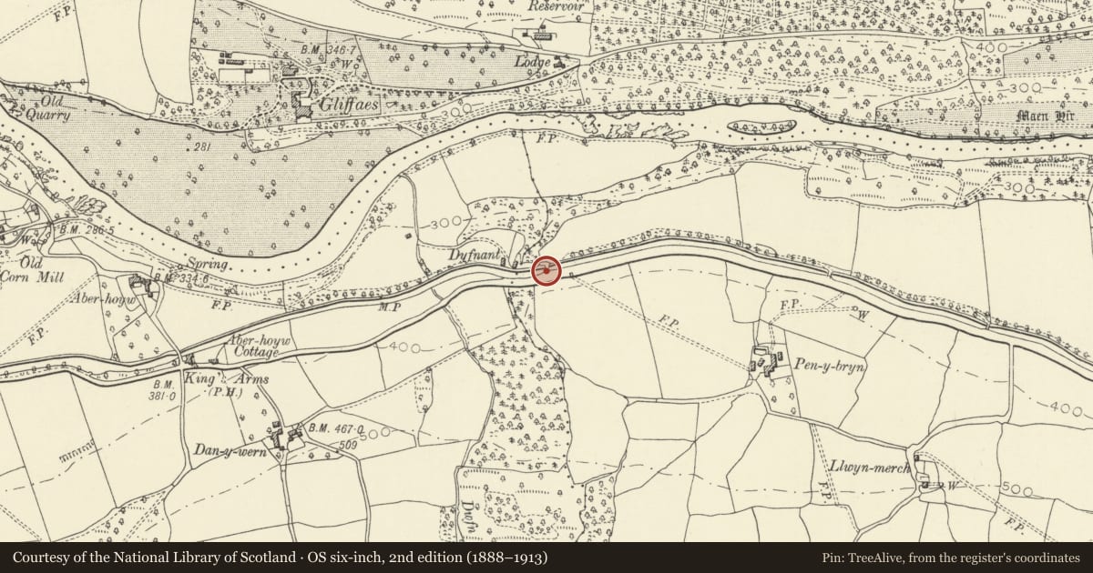 Ordnance Survey six-inch map, 2nd edition (1888–1913) covering the location of Dyfnant Bridge (Canal Bridge No 125), Llangattock, Powys, with a pin at the register's coordinates
