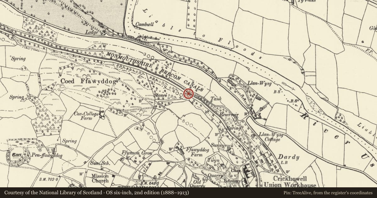 Ordnance Survey six-inch map, 2nd edition (1888–1913) covering the location of Folly Bridge (Canal Bridge No 119), Llangattock, Powys, with a pin at the register's coordinates