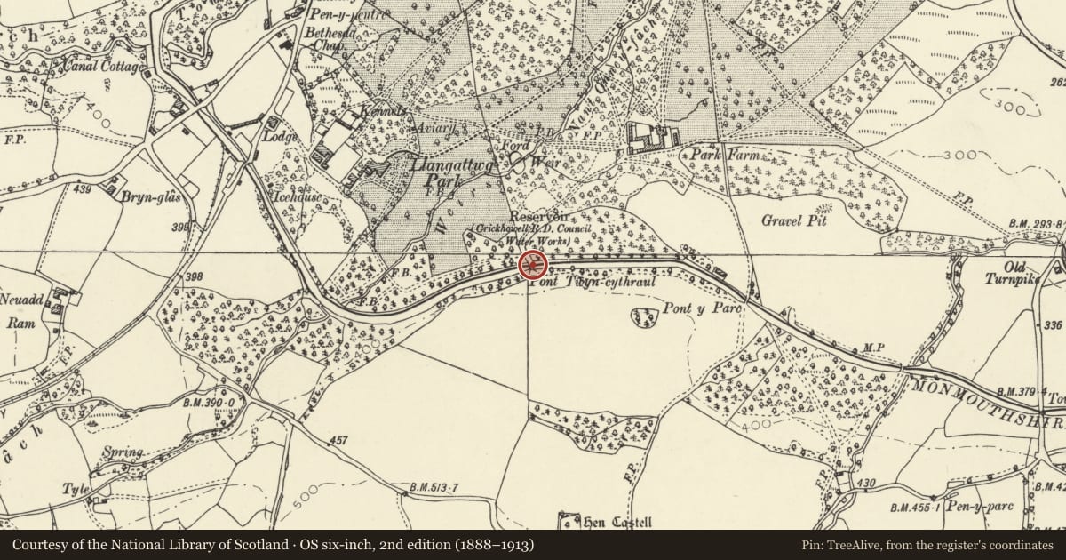 Ordnance Survey six-inch map, 2nd edition (1888–1913) covering the location of Llwmus Bridge (Canal Bridge No 113), Llangattock, Powys, with a pin at the register's coordinates