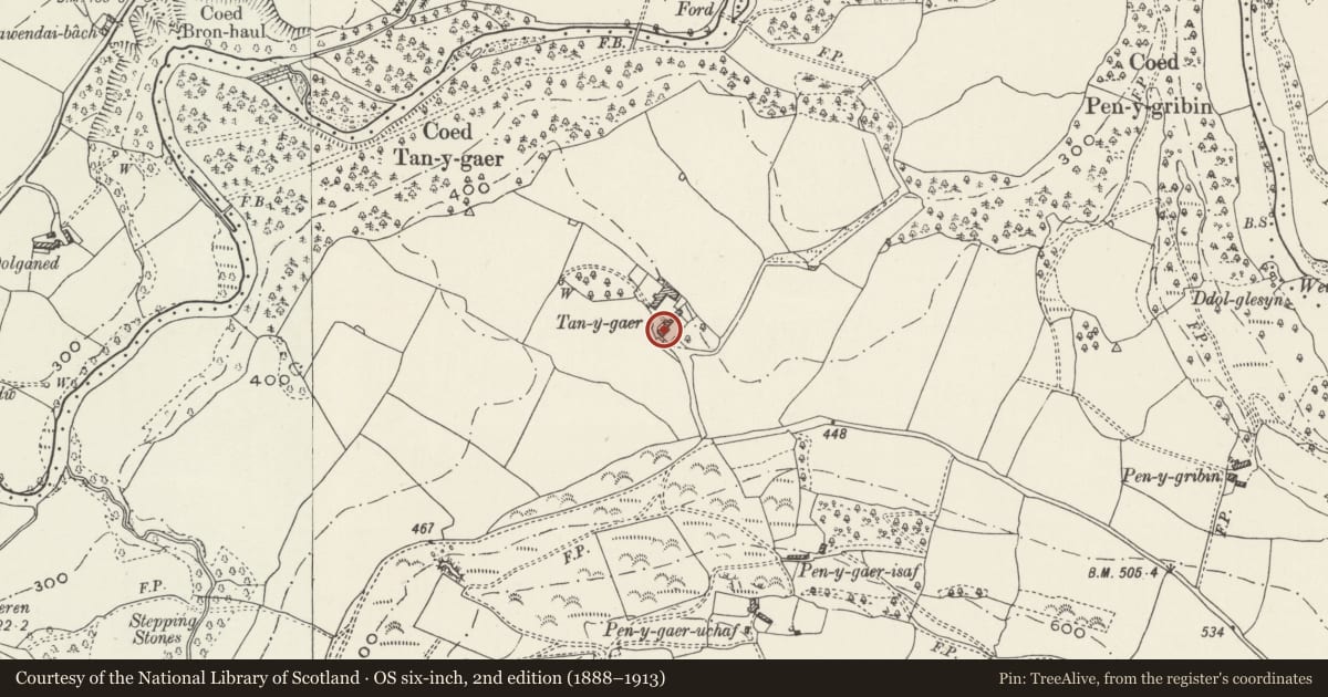 Ordnance Survey six-inch map, 2nd edition (1888–1913) covering the location of Tan-y-Gaer, Llannefydd, Conwy, with a pin at the register's coordinates